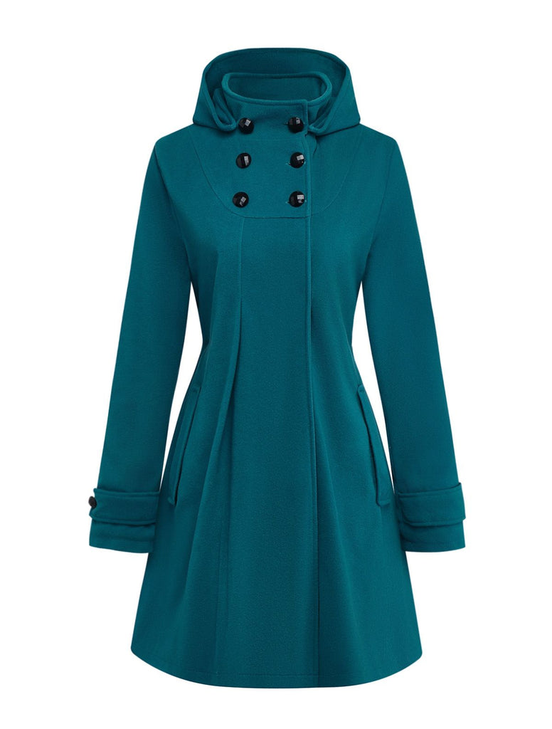Blue 1930s Solid Faux-Wool Hooded Coat