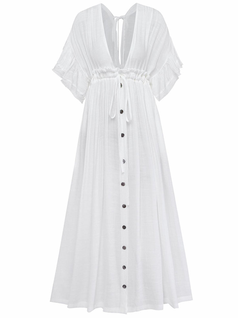 1930s Solid V-Neck Rayon Slub Beach Cover-Up