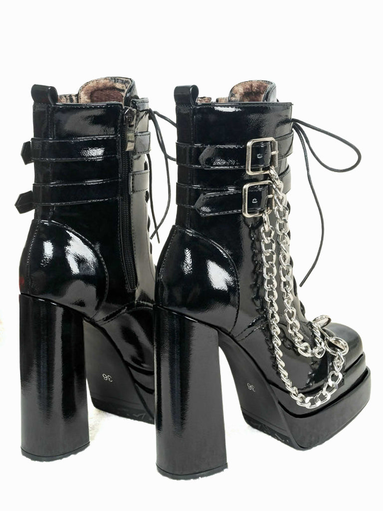 Black Patent Chains Gothic High Heels Boots