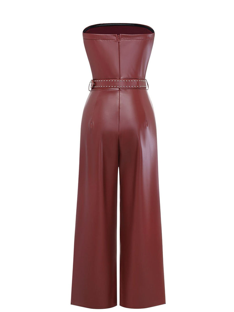 1940s PU Leather Belted Strapless Jumpsuit