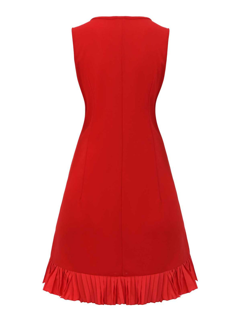Red 1960s Bow Neck Ruffle Hem Sleeveless Dress
