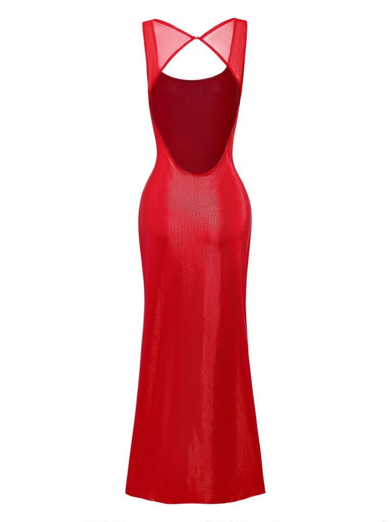 1980s Solid Sequined Mesh Buckle Square Neck Dress