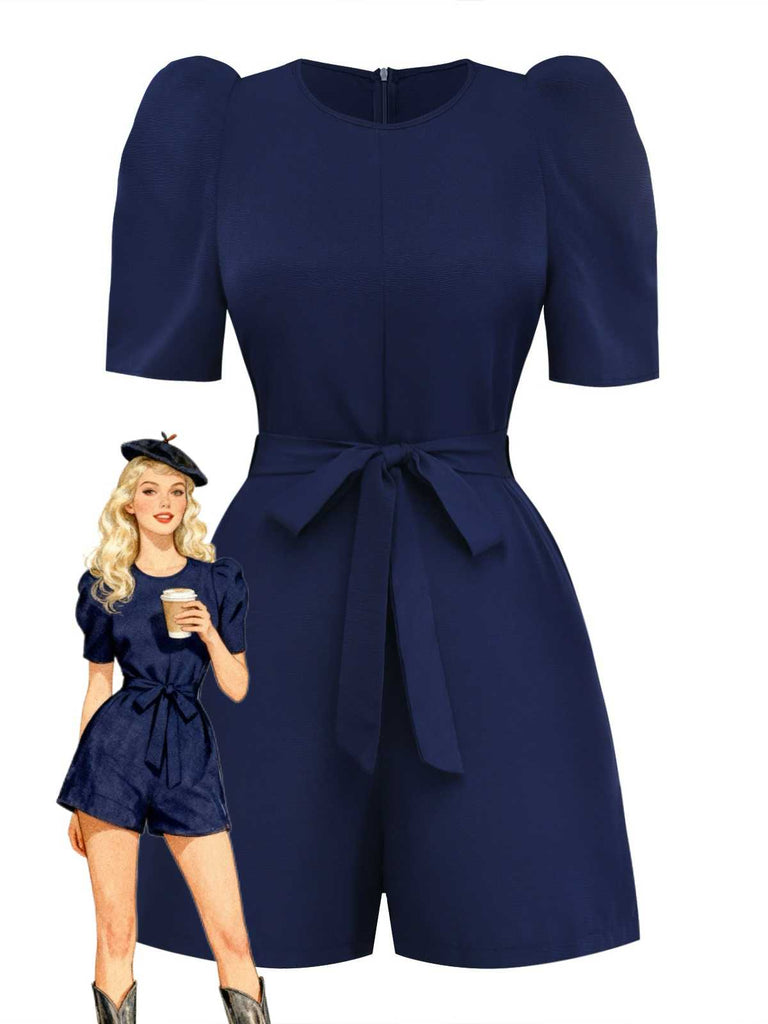 Navy Blue 1980s Belted Solid Romper