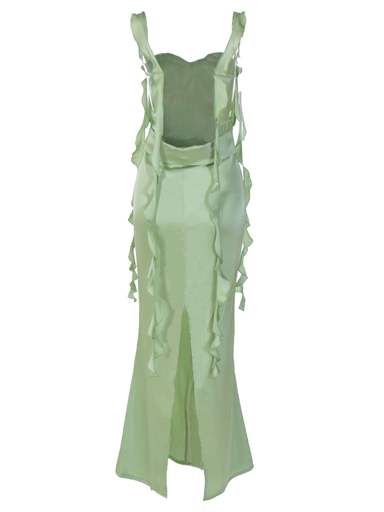 1970s Solid Satin Ruffle Backless Ruched Dress
