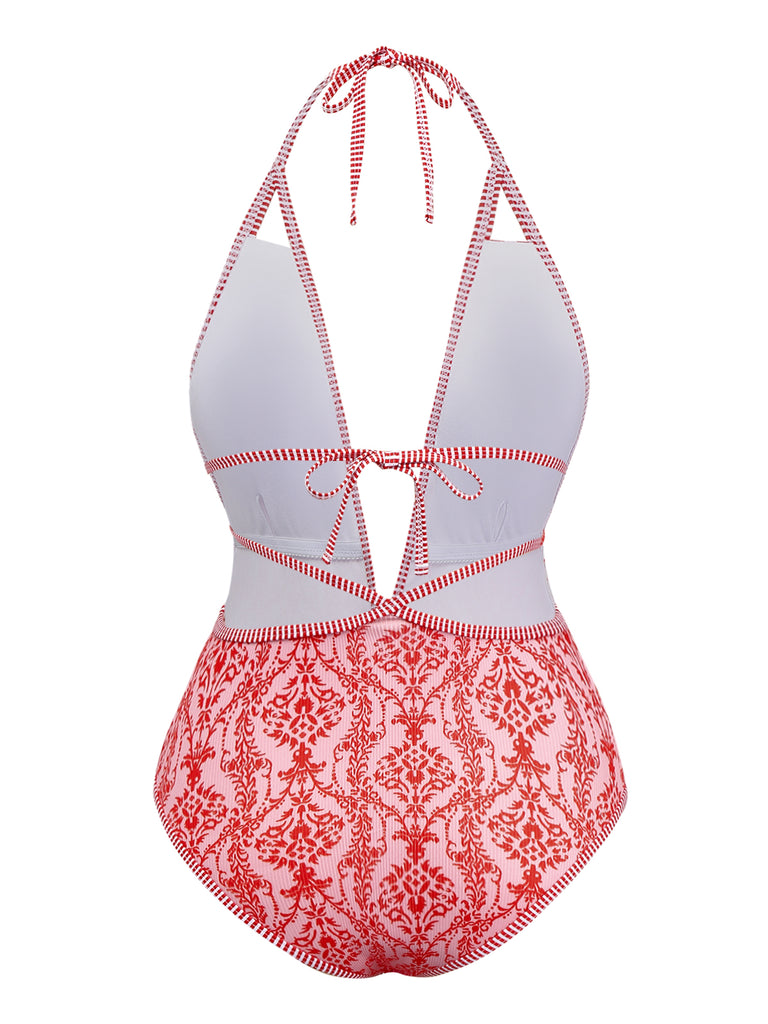 Red 1970s Deep V-Neck Halter Baroque Prints Swimsuit