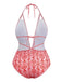 Red 1970s Deep V-Neck Halter Baroque Prints Swimsuit