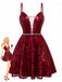 Wine Red 1950s Sequin Deep-V Mesh Dress