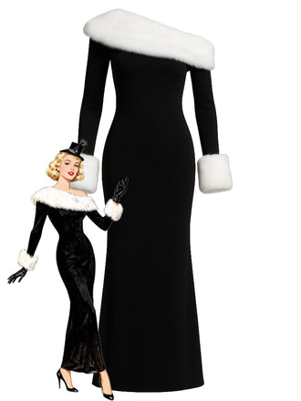 Black 1980s Off-Shoulder Fur Trim Dress