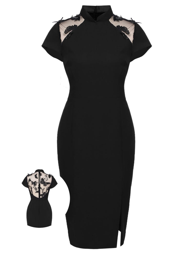 [US Warehouse] Black 1960s Butterfly Backless Pencil Dress