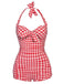 [US Warehouse] Red 1950s Plaid Halter One-piece Swimsuit