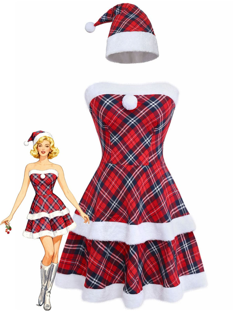 Red 1960s Plaid Strapless Patchwork Dress Set