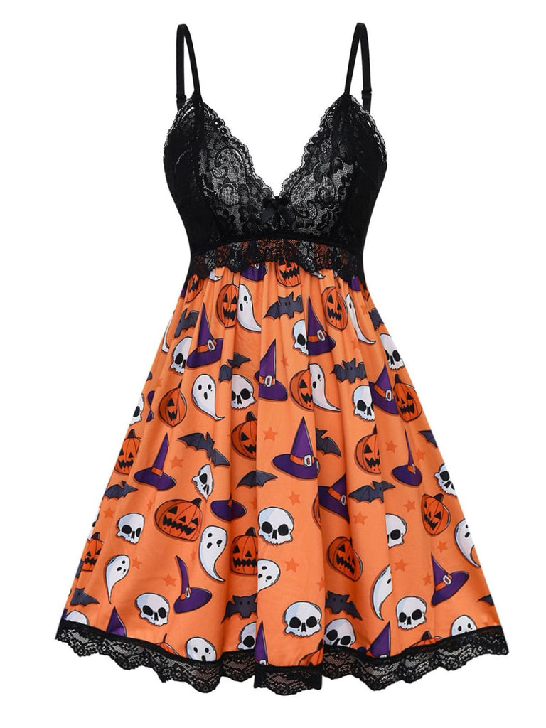 1960s Halloween Print Lace Patchwork Sleepwear