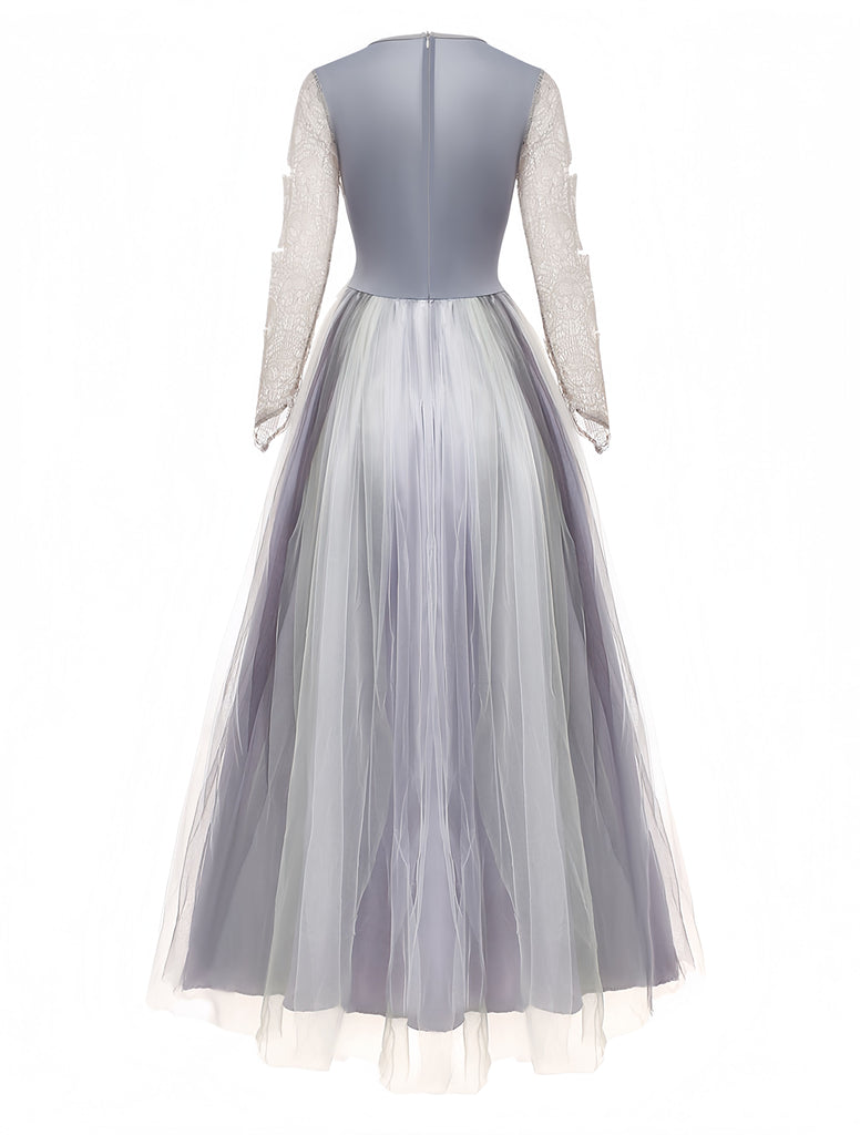 Grey 1930s Halloween Ghost Bride Mesh Dress