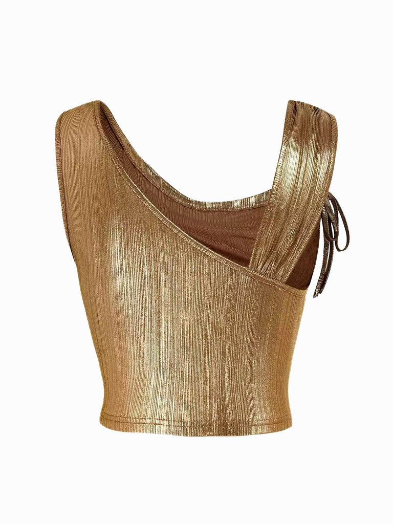 Gold 1960s Bow Sleeveless Ruched Stretch Top
