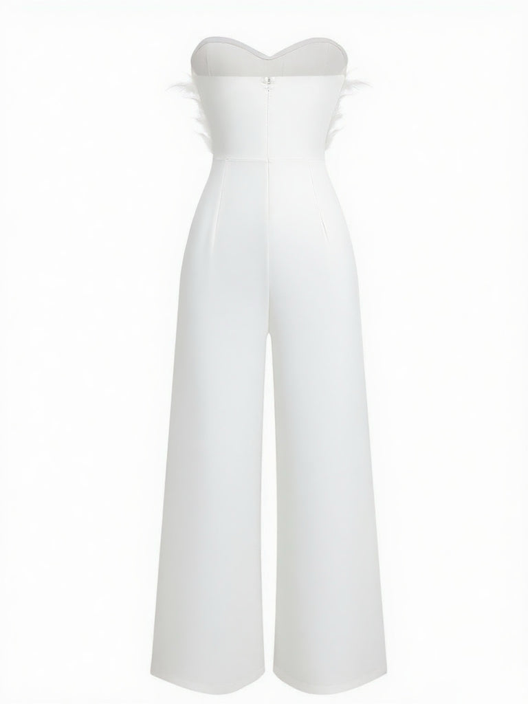 1970s Strapless Feather Solid Jumpsuit
