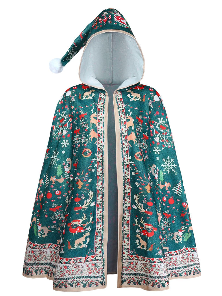 1950s Christmas Print Hooded Cape Coat