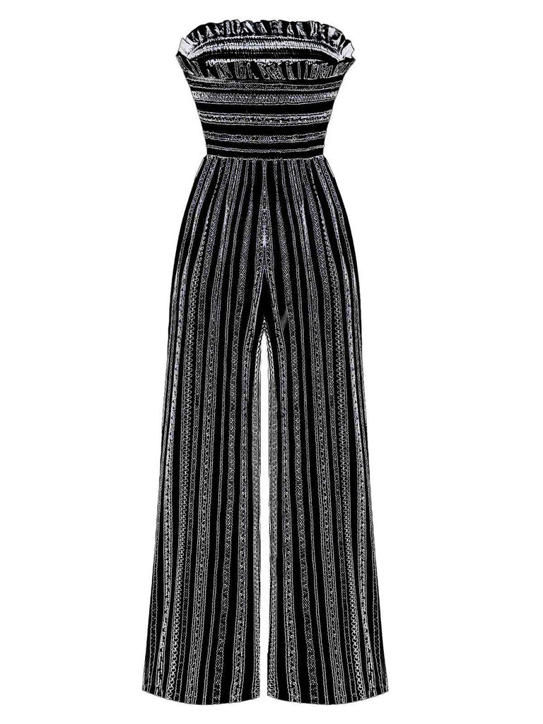 1970s Strapless Boho Stripes Wide Leg Jumpsuit