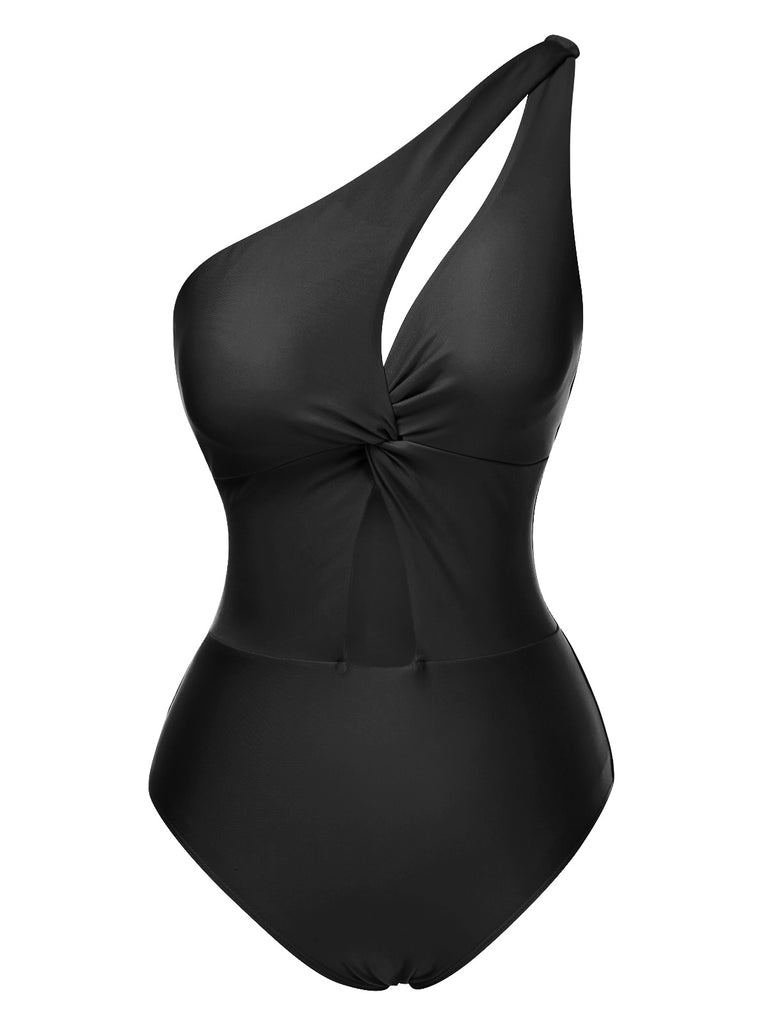 1930s One-Shoulder Cut-Out Solid One-Piece Swimsuit