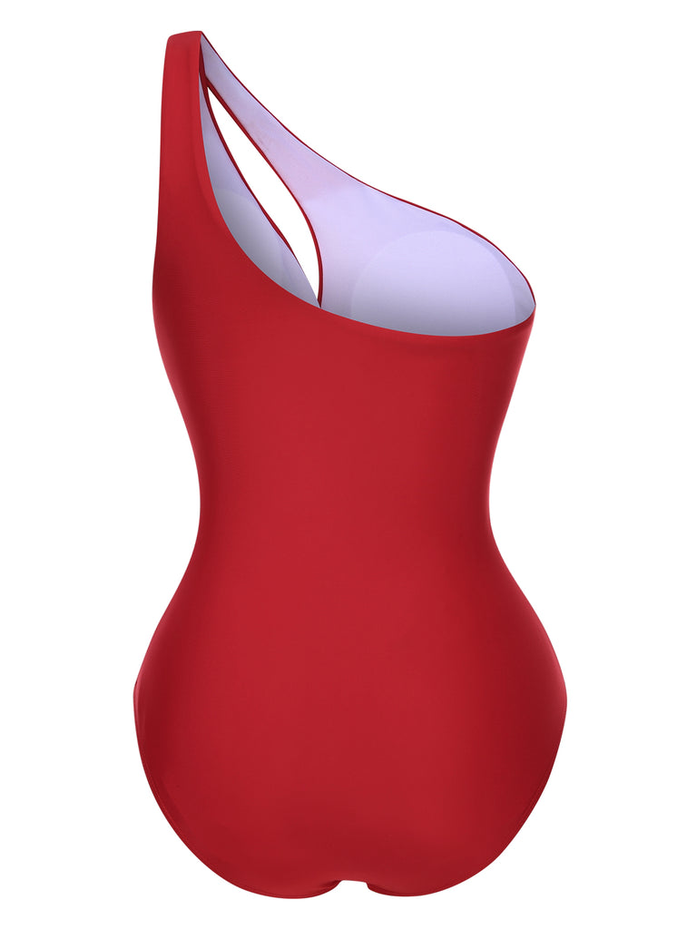 1930s One-Shoulder Cut-Out Solid One-Piece Swimsuit