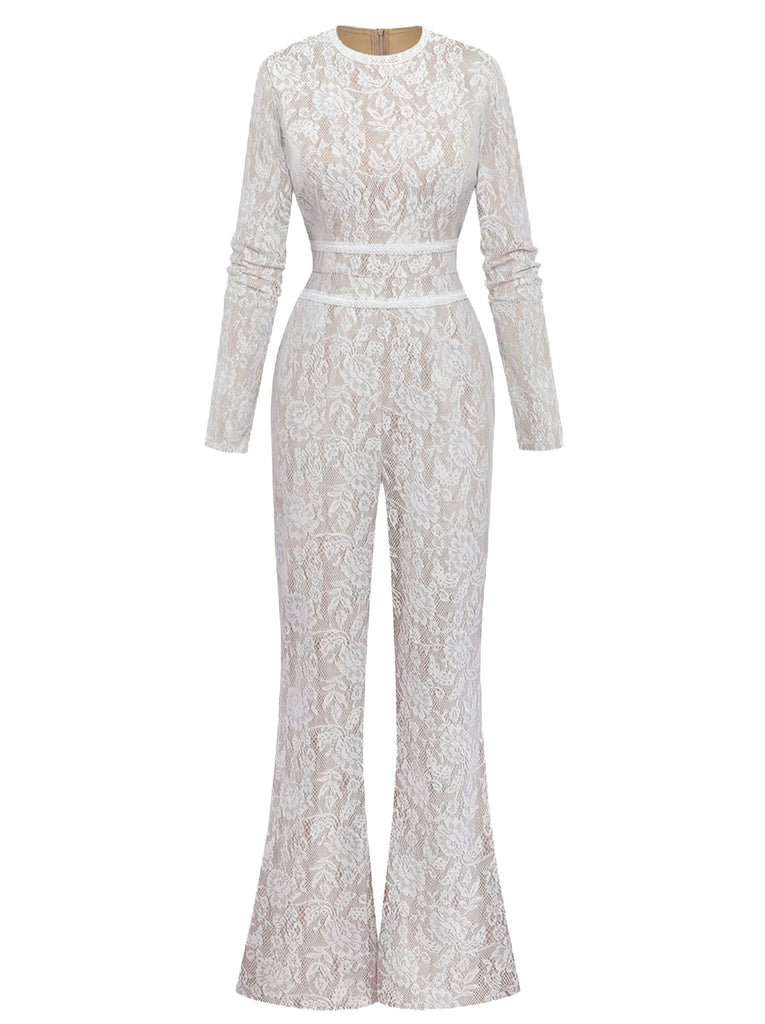 White 1970s Lace Long-Sleeve Flared Legs Jumpsuit