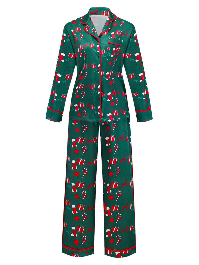 Green 1940s Christmas Print Pajama Set