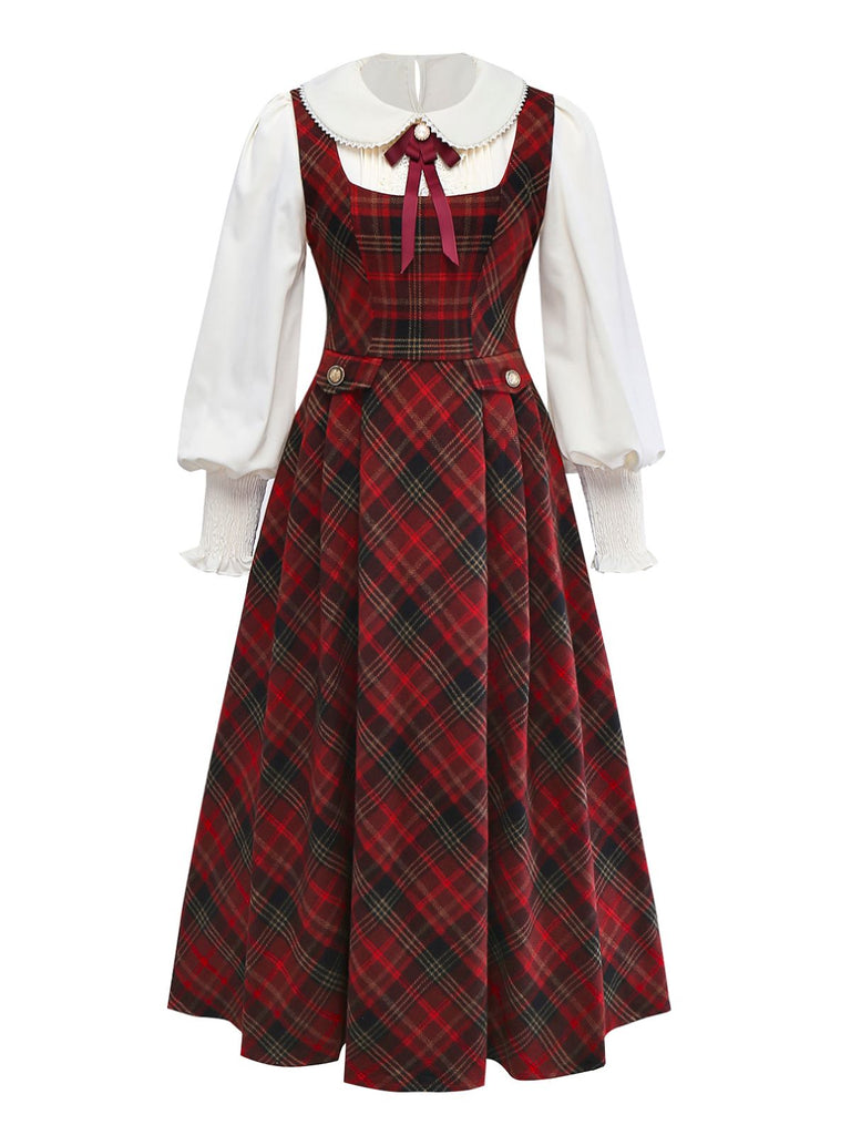 2PCS Red 1940s Peter Pan collar Blouse & Plaid Swing Dress