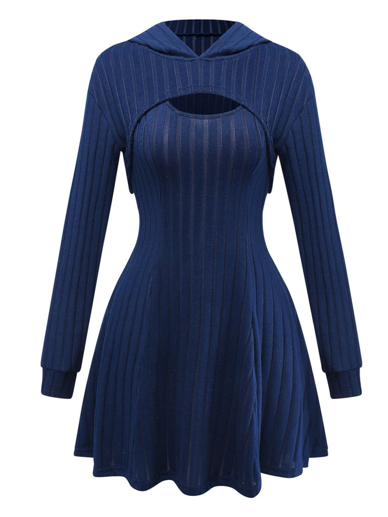 2PCS 1940s Ribbed Knit Cut-Out Hoodie Dress