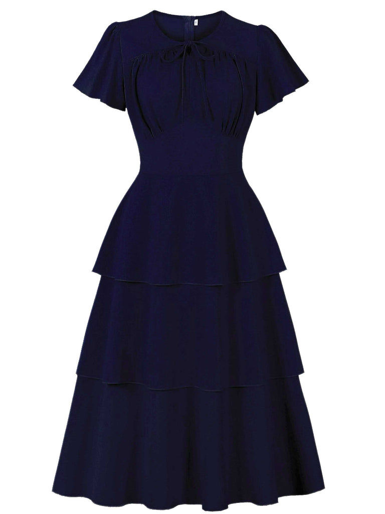 1940s Round Neck Bow Solid Tiered Dress