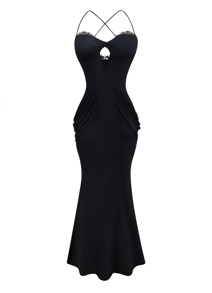 Black 1930s Lace Trimmed Halter Maxi Dress