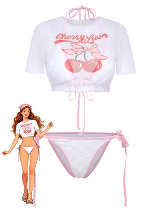 Three-piece swimsuit set featuring a white "Cherry Love" cropped tee and a matching floral texture pink-trimmed bikini.