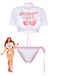 Three-piece swimsuit set featuring a white "Cherry Love" cropped tee and a matching floral texture pink-trimmed bikini.