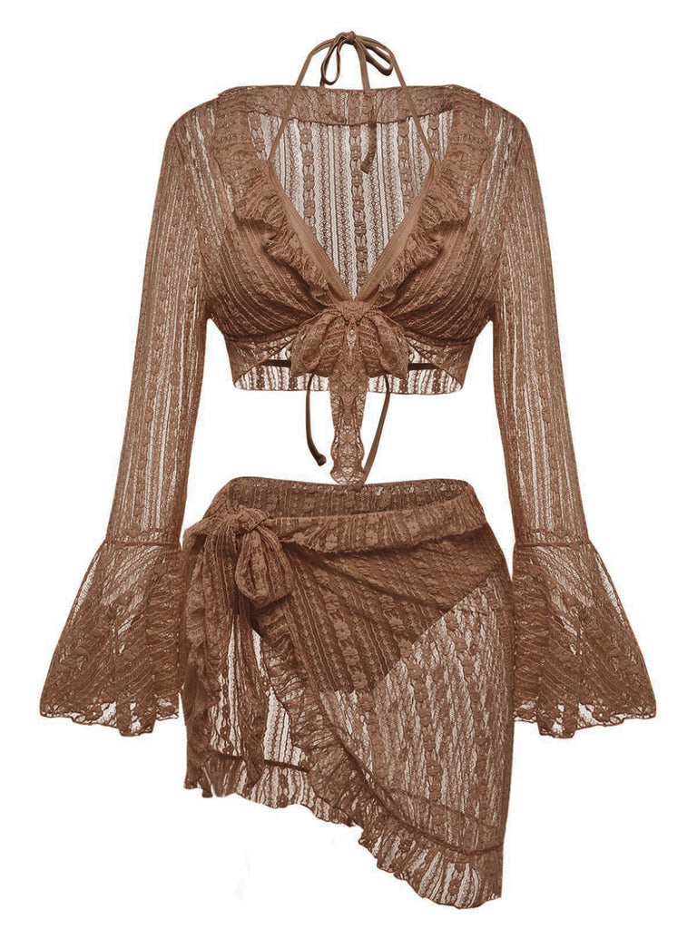 A 3-piece bikini set with a lace bell-sleeve cover-up in a rich chocolate brown.