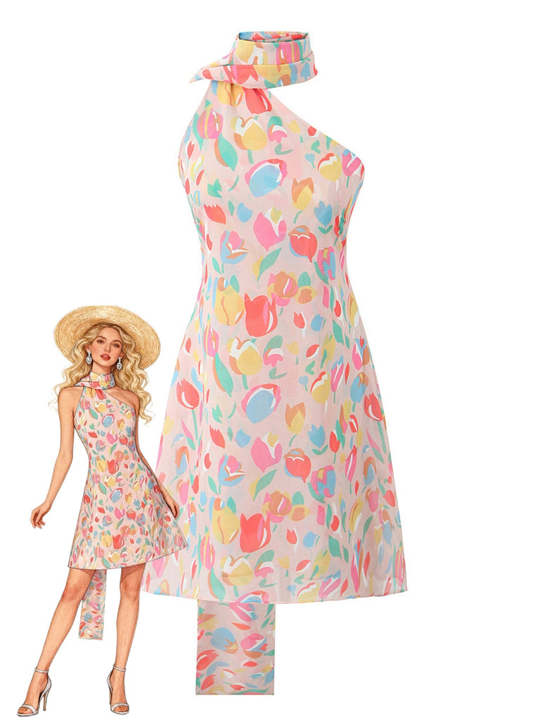 A playful one-shoulder mini dress featuring a vibrant multi-colored tulip floral print and a stylish long neck tie, shown with a summer straw hat illustration.