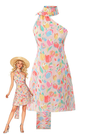 A playful one-shoulder mini dress featuring a vibrant multi-colored tulip floral print and a stylish long neck tie, shown with a summer straw hat illustration.