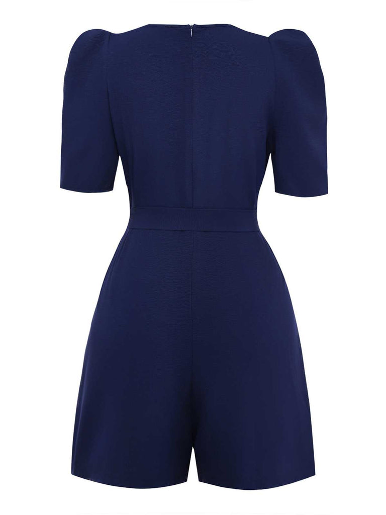 Navy Blue 1980s Belted Solid Romper