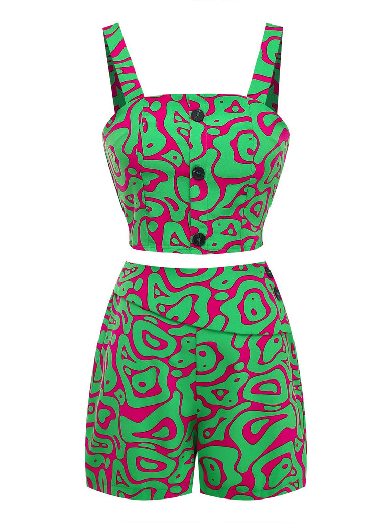 2PCS Green 1970s Button Abstract Print Cropped Top & Shorts