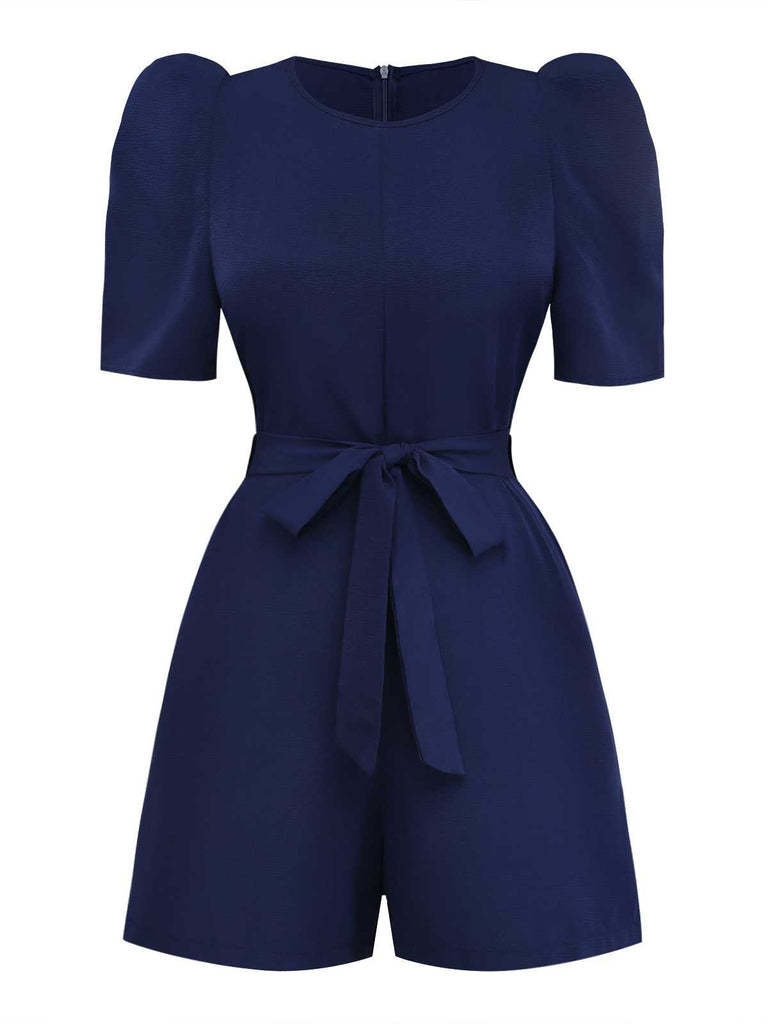 Navy Blue 1980s Belted Solid Romper