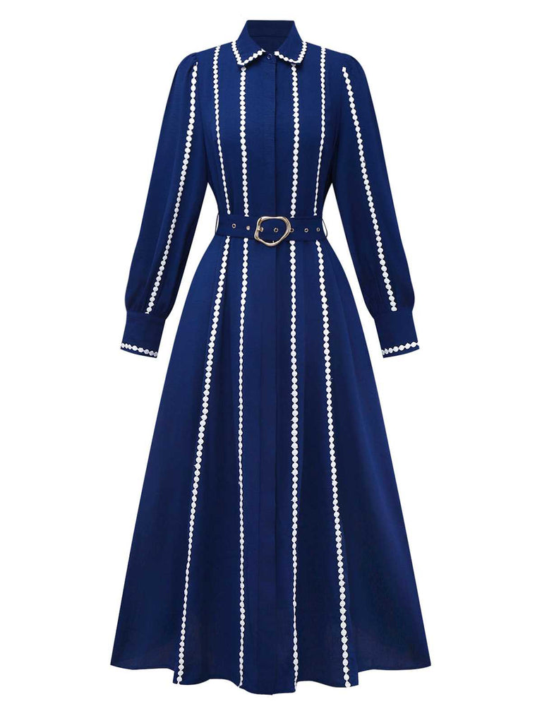 Dark Blue 1940s Contrast-Trim Belted Shirt Dress