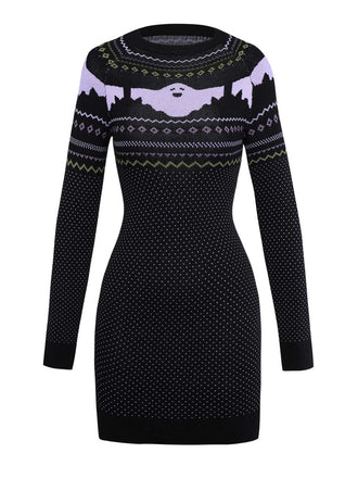 Black 1960s Dots Halloween Ghost Sweater Dress
