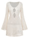 Front view of a cream crochet beach cover-up featuring bell sleeves and a deep V-neck with oval cut-outs.