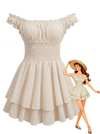 Front view of a cream-colored off-the-shoulder mini dress featuring a smocked waist and a tiered ruffle skirt.