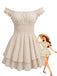 Front view of a cream-colored off-the-shoulder mini dress featuring a smocked waist and a tiered ruffle skirt.