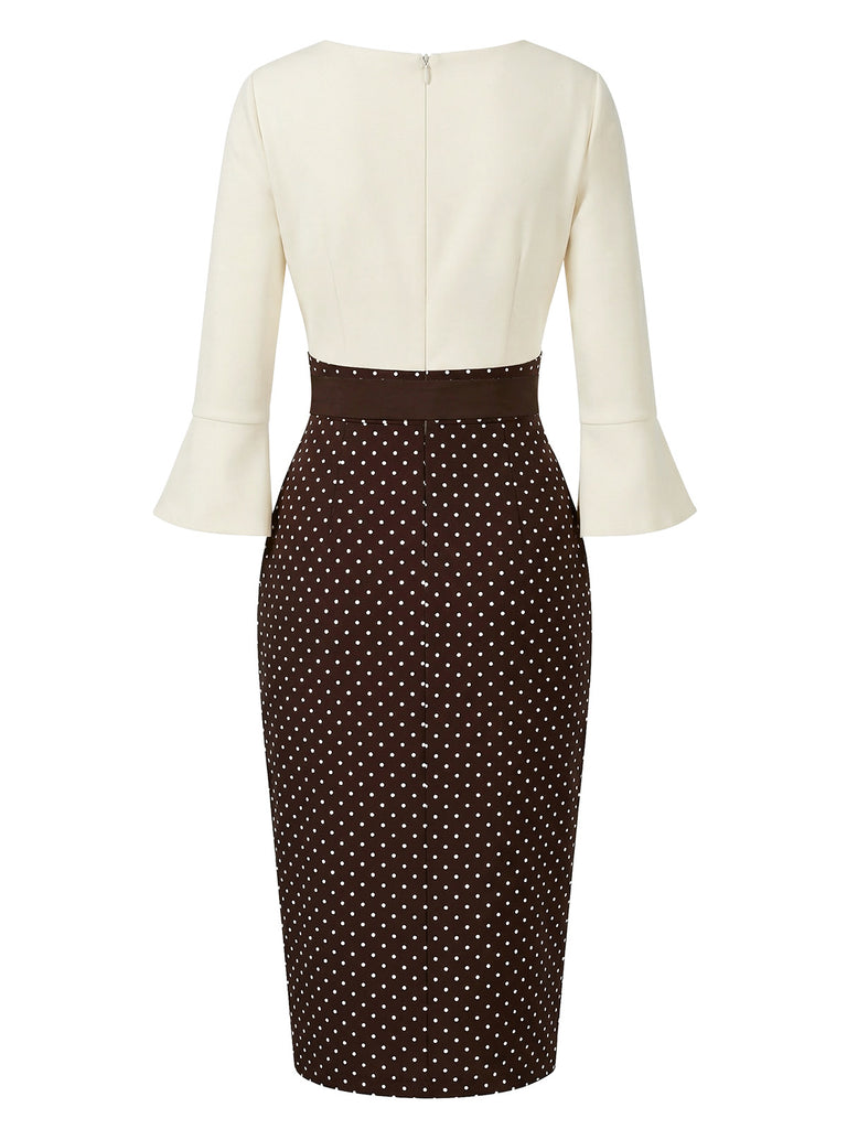 Back view of the cream and brown polka dot dress showcasing the fitted silhouette, bell sleeve detail, and a discrete back zipper closure.