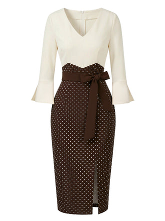 A sophisticated knee-length pencil dress featuring a cream V-neck bodice with three-quarter bell sleeves and a high-waisted chocolate brown skirt with white polka dots, accented by a matching brown waist tie.