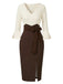 A sophisticated knee-length pencil dress featuring a cream V-neck bodice with three-quarter bell sleeves and a high-waisted chocolate brown skirt with white polka dots, accented by a matching brown waist tie.