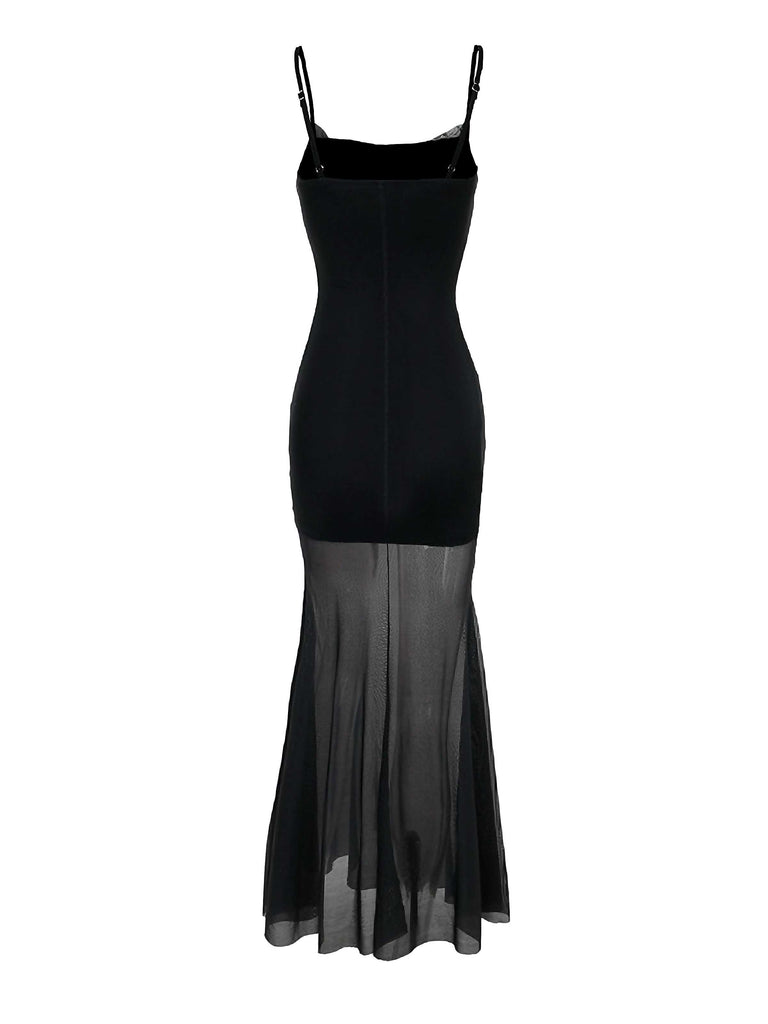 Black 1970s Slip Gothic Skeleton Print Mesh Dress