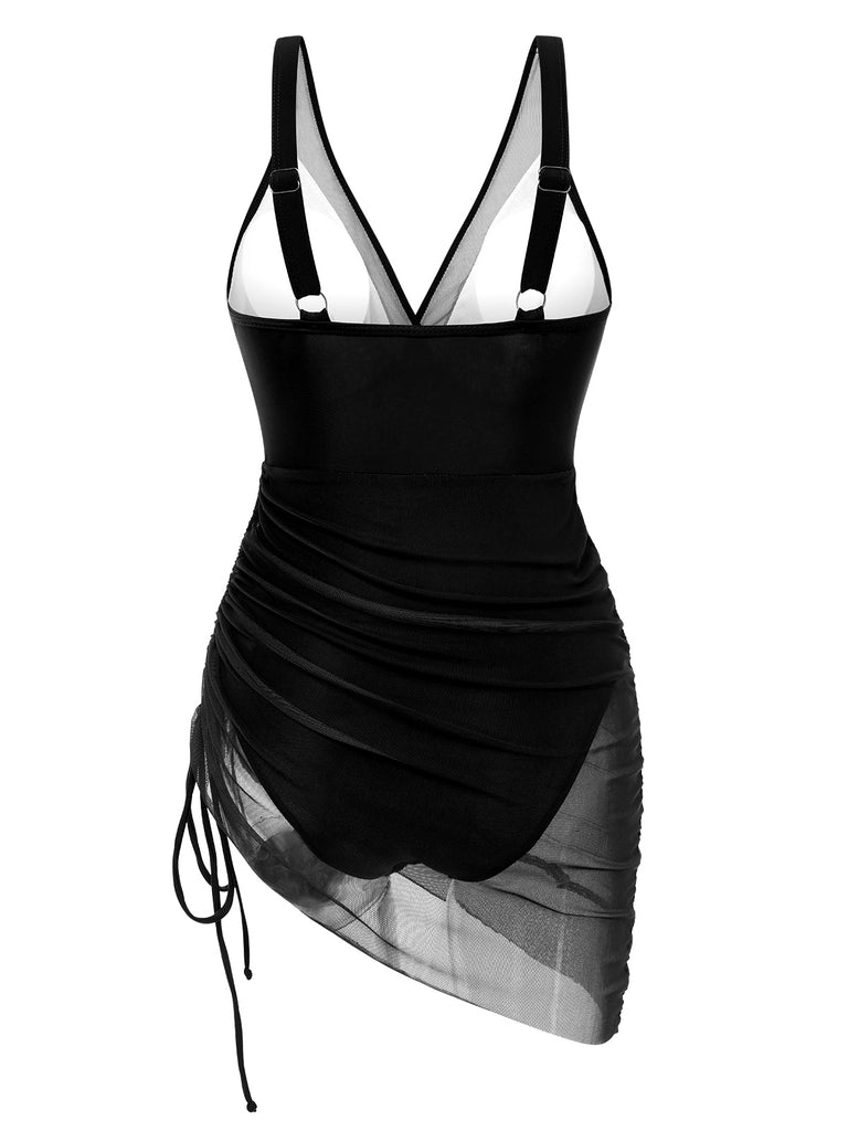 1950s Strap Sheer Mesh Solid One-Piece Swimsuit