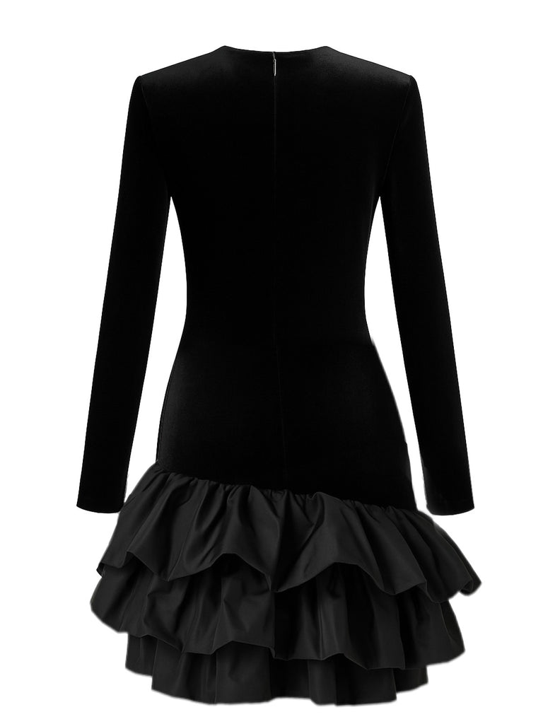 Black 1980s Asymmetric Layered Ruffle Hem Velvet Dress