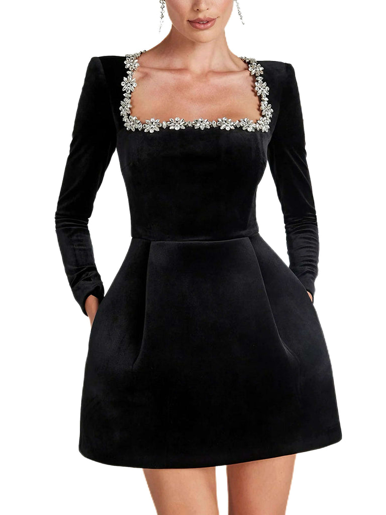 1960s Velvet Diamond Square Neck Dress