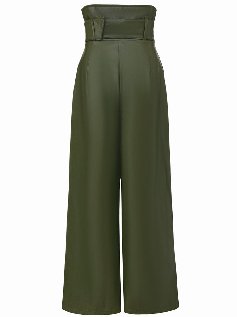 1940s High-Waist Metal Belt PU Leather Wide-Leg Pants